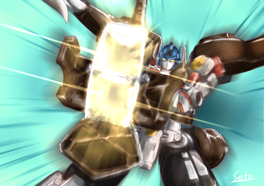 1990s_(style) 1boy absurdres atsushi533822 beast_wars beast_wars_neo big_convoy blue_background cannon highres holding huge_weapon looking_at_viewer male_focus maximal mecha no_humans retro_artstyle robot simple_background solo transformers tusks weapon yellow_eyes