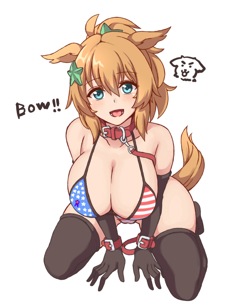 1girl absurdres all_fours alternate_costume american_flag american_flag_bikini american_flag_print animal_collar animal_ears bikini black_gloves black_thighhighs blonde_hair blue_eyes blush breasts cleavage collar commentary_request english_text flag_print flag_print_bikini gloves hair_between_eyes hair_ornament hakutaqanta highres horse_ears horse_girl horse_tail large_breasts leash long_hair looking_at_viewer open_mouth pet_play ponytail print_bikini red_collar simple_background smile solo star_(symbol) star_hair_ornament swimsuit taiki_shuttle_(umamusume) tail thighhighs thighs tongue umamusume white_background yellow_tail