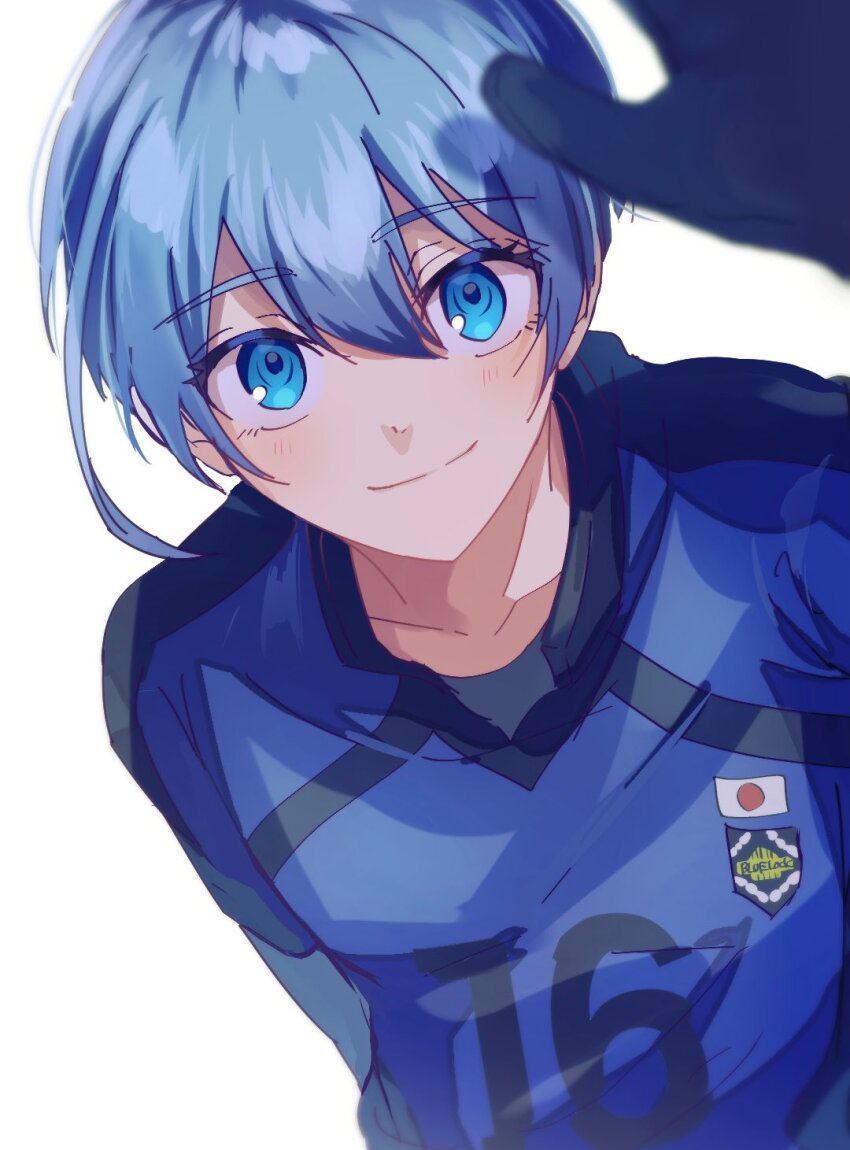 1boy black_gloves blue_eyes blue_hair blue_lock blue_shirt closed_mouth collared_shirt gloves hand_up highres looking_at_viewer male_focus mma_runn shirt short_hair simple_background smile soccer_uniform solo sportswear upper_body white_background you_hiori