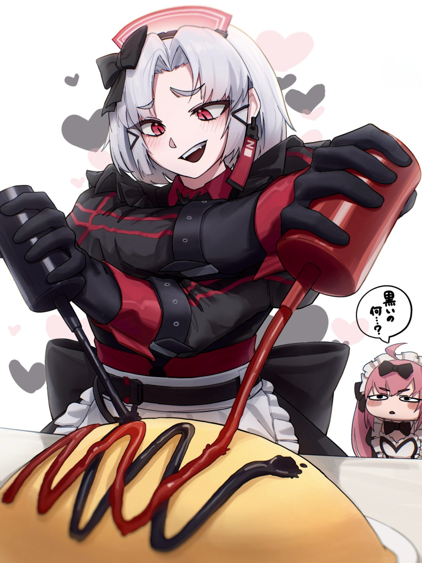 2girls :d ahoge apron black_gloves blush blush_stickers bow cocoa_(nikke) drake_(maid_for_villain)_(nikke) drake_(nikke) earrings food gloves goddess_of_victory:_nikke grey_hair hair_bow highres jewelry ketchup_bottle long_hair maid_apron maid_headdress multiple_girls o_o_k_i_n_a omelet omurice open_mouth pink_hair red_eyes short_hair smile teeth translated