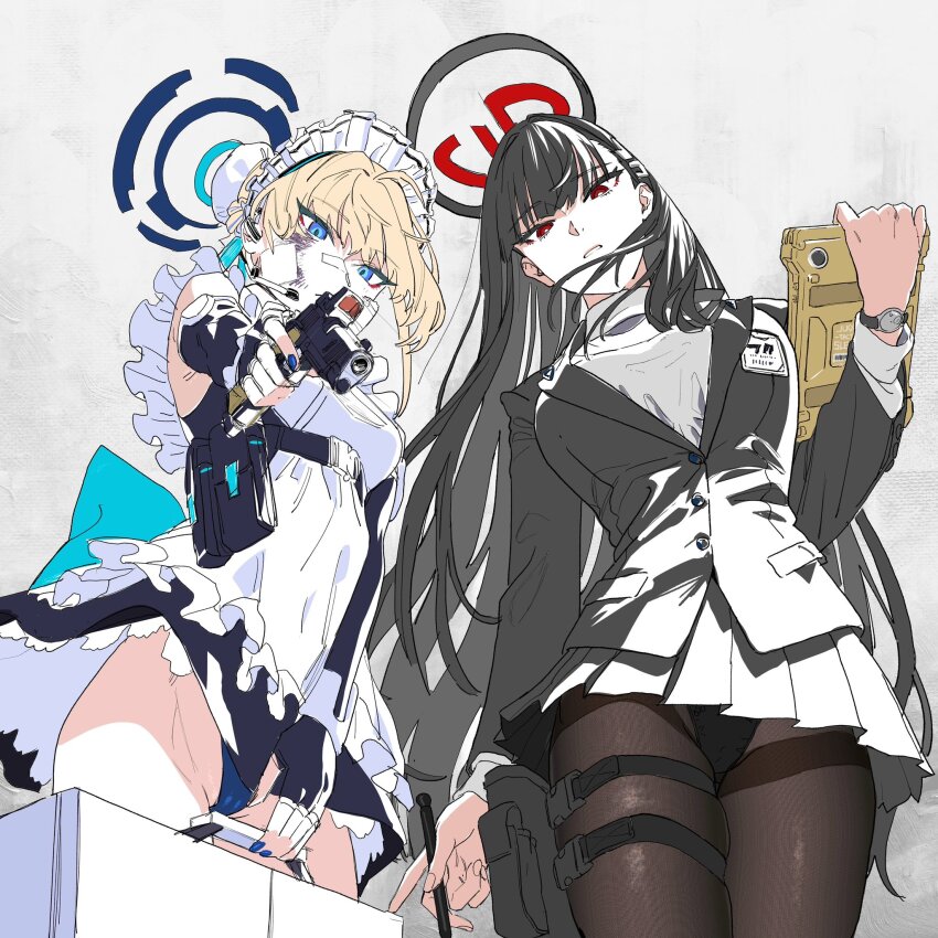 2girls black_hair black_skirt blonde_hair blue_archive blue_eyes breasts brown_pantyhose gun hair_ornament hairclip halo highres holding holding_gun holding_weapon id_card long_hair long_sleeves looking_at_viewer maid_headdress miniskirt multiple_girls pantyhose red_eyes rio_(blue_archive) skirt thigh_strap toki_(blue_archive) utsuda watch weapon
