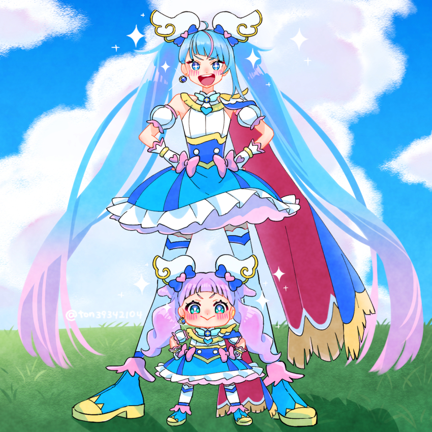 +_+ 2girls :d alternate_hairstyle ankle_boots blue_cape blue_dress blue_footwear blue_hair blue_sky boots brooch cape closed_mouth cloud cloudy_sky cosplay cure_sky cure_sky_(cosplay) cut_bangs day detached_sleeves dress earrings frilled_dress frills fringe_trim gloves gradient_hair grass hair_ornament hands_on_own_hips hirogaru_sky!_precure jewelry long_hair looking_at_viewer low-tied_long_hair multicolored_hair multiple_girls open_mouth outdoors pink_hair precure puffy_detached_sleeves puffy_sleeves purple_eyes purple_hair red_cape short_dress single_earring sky sleeveless sleeveless_dress smile sparkle standing streaked_hair thighhighs ton_(ton39342104) twintails twitter_username two-sided_cape two-sided_fabric very_long_hair white_gloves white_thighhighs wing_brooch wing_hair_ornament