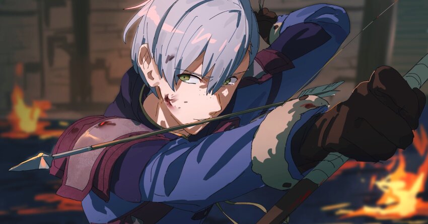 1boy arm_up armor arrow_(projectile) ashe_ubert ashe_ubert_(timeskip) blood blood_on_clothes blood_on_face bow_(weapon) brown_gloves fire fire_emblem fire_emblem:_three_houses freckles fur-trimmed_sleeves fur_trim gloves green_eyes grey_hair hair_between_eyes highres holding holding_bow_(weapon) holding_weapon leather_armor looking_to_the_side male_focus nakmini nintendo pauldrons shoulder_armor sideways_glance solo upper_body weapon white_fur