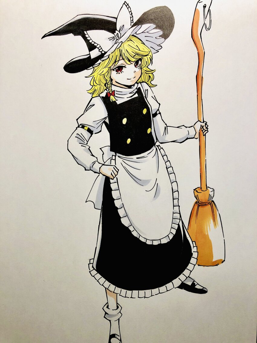 1girl apron black_hat black_shoes black_skirt black_vest blonde_hair bow breasts broom foot_out_of_frame frilled_skirt frills full_body hat hat_bow highres holding holding_broom juliet_sleeves kirisame_marisa long_sleeves mary_janes medium_hair puffy_sleeves red_eyes s590220 shirt shoes simple_background skirt small_breasts solo standing touhou traditional_media turtleneck vest waist_apron white_apron white_background white_bow white_shirt witch witch_hat