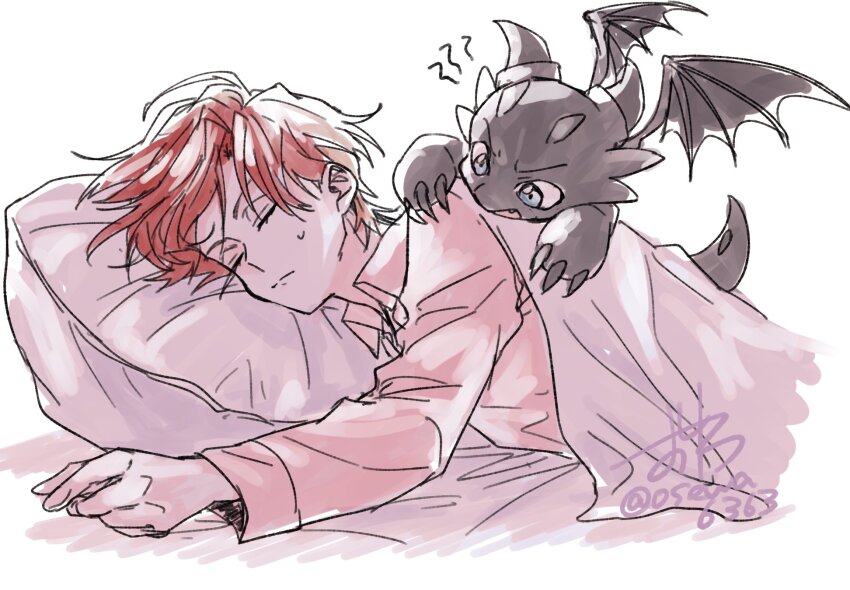 1boy bed cale_henituse closed_eyes closed_mouth commentary_request dragon highres long_sleeves lout_of_count&#039;s_family lying male_focus open_mouth osewa6363 pajamas pillow pink_shirt raon_miru red_hair shirt short_hair simple_background sleeping sweatdrop under_covers white_background wings