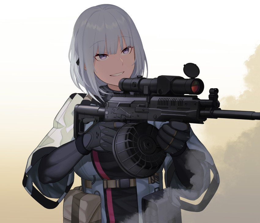 1girl absurdres bag black_bodysuit bodysuit cero_(last2stage) drum_magazine extended_barrel girls&#039;_frontline gloves gun highres holding holding_weapon holster light_machine_gun looking_away machine_gun magazine_(weapon) medium_hair military purple_eyes rifle rpk rpk-16 rpk-16_(girls&#039;_frontline) silver_hair simple_background smile solo_focus uniform weapon