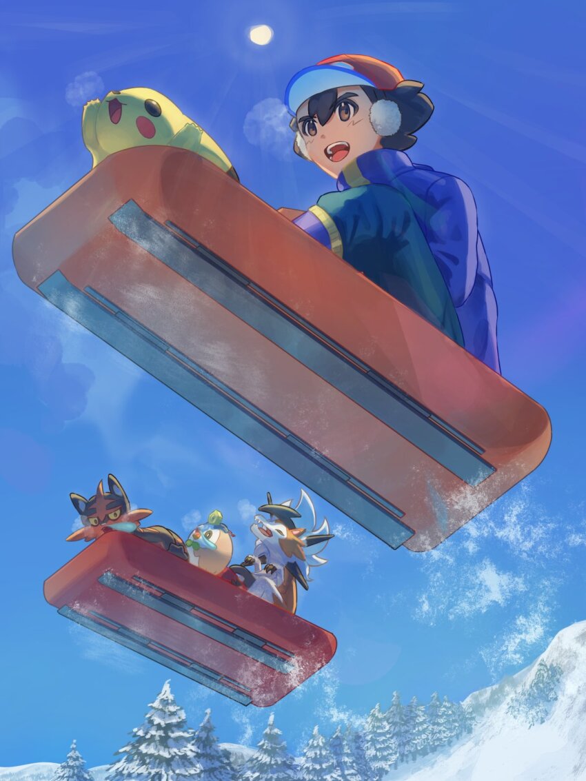 1boy black_hair blue_jacket boots breath brown_eyes commentary_request day earmuffs from_below gen_1_pokemon gen_7_pokemon hat highres jacket lycanroc lycanroc_(dusk) male_focus mokukitusui nintendo open_mouth outdoors pants pikachu pokemon pokemon_(anime) pokemon_(creature) pokemon_sm_(anime) red_headwear rowlet short_hair sky sledding snow sun teeth tongue torracat tree