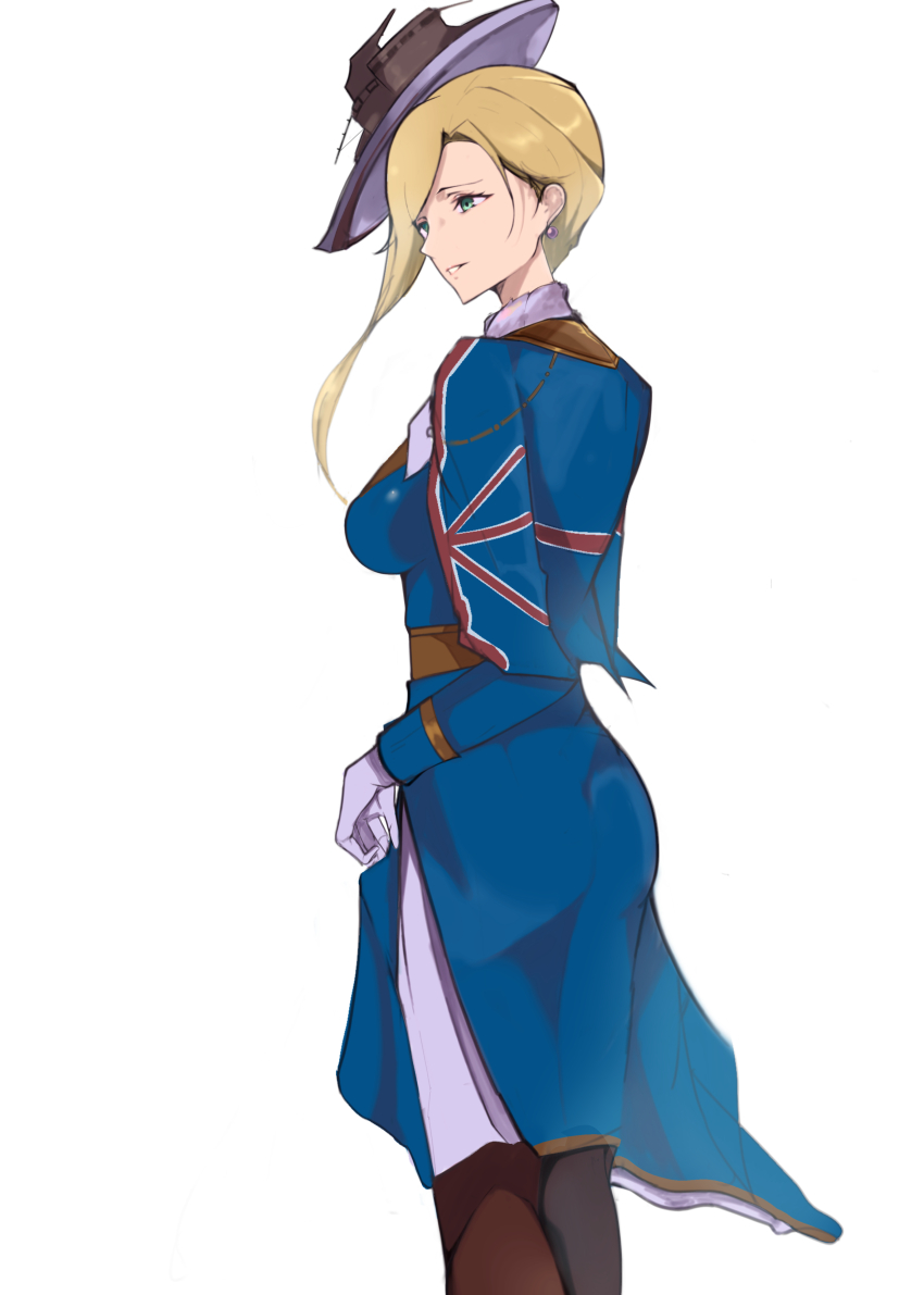 1girl absurdres ass azur_lane black_pantyhose blonde_hair blue_dress blue_eyes breasts dress earrings from_behind gear0710 gloves hat highres hood_(azur_lane) jewelry long_hair long_sleeves looking_to_the_side medium_breasts multiple_girls no_headwear pantyhose parted_lips smile thank_you union_jack_print white_background white_gloves white_hat