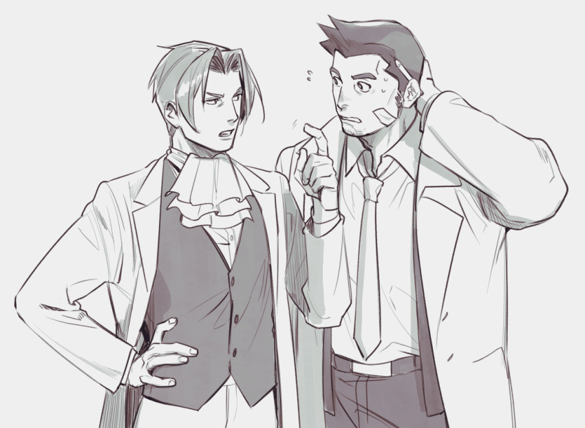2boys ace_attorney arm_behind_head ascot coat collared_shirt commentary curtained_hair dick_gumshoe flying_sweatdrops greyscale halorane hand_on_own_hip index_finger_raised looking_at_another male_focus miles_edgeworth monochrome multiple_boys necktie shirt sideburns symbol-only_commentary vest