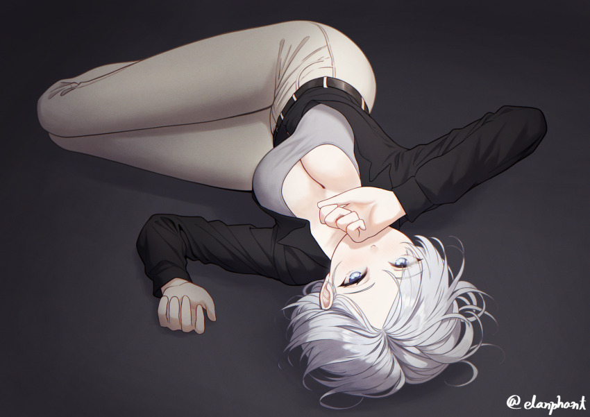1girl belt black_jacket blue_eyes breasts cleavage collared_jacket commentary covering_own_mouth elanphant grey_shirt hands_up highres jacket large_breasts long_sleeves looking_at_viewer lying on_back original pants parted_bangs shirt short_hair solo white_hair white_pants