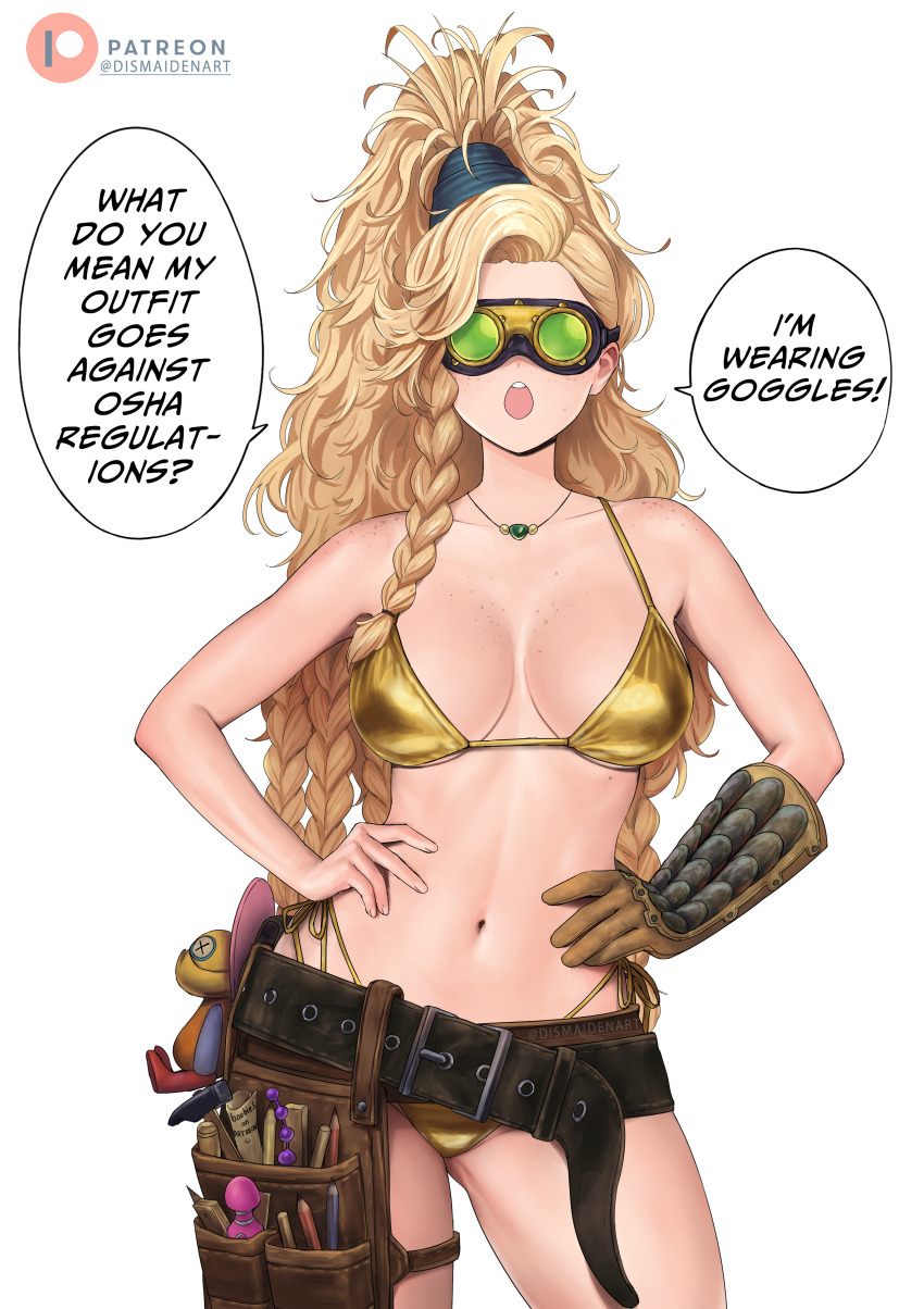 1girl absurdres bikini blonde_hair braid breasts brown_gloves commentary cowboy_shot dismaiden english_commentary english_text freckles gemma_(monster_hunter_wilds) gloves goggles gold_bikini hand_on_own_hip high_ponytail highres jewelry large_breasts leather_belt long_hair monster_hunter_(series) monster_hunter_wilds multiple_braids navel necklace open_mouth patreon_logo patreon_username ponytail simple_background single_glove solo speech_bubble stomach swimsuit teeth thighs tool_belt tools upper_teeth_only very_long_hair white_background
