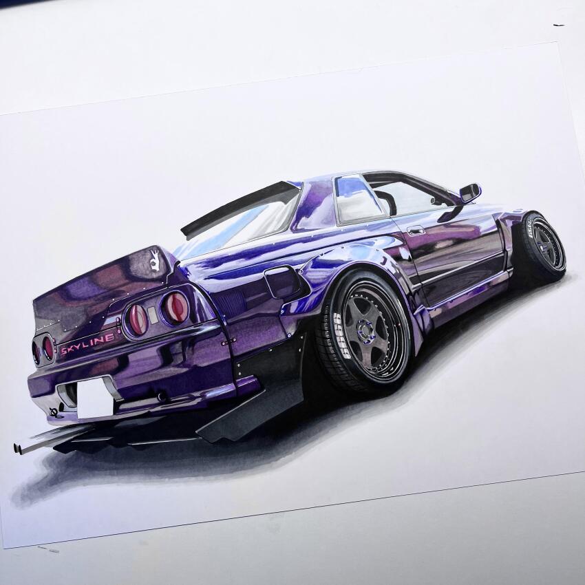 absurdres car colored_pencil_(medium) commentary english_commentary from_behind highres marker_(medium) modifiedartworks motor_vehicle nissan nissan_skyline nissan_skyline_gt-r nissan_skyline_r32 no_humans original photo_(medium) purple_car shadow sports_car traditional_media vehicle_focus white_background