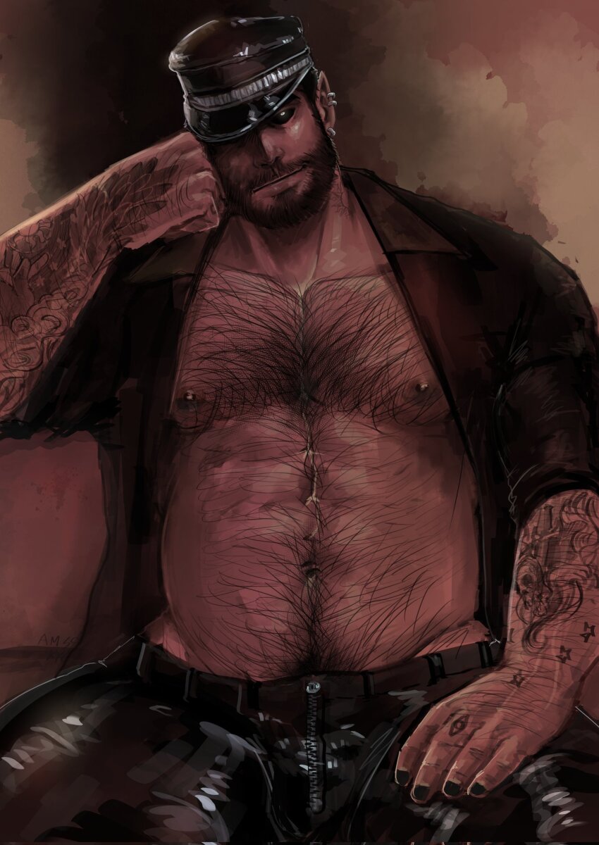 1boy abs amsokyo bara bare_pectorals beard bulge cowboy_shot dark-skinned_male dark_skin dominator_(bdsm) facial_hair full_beard hairy hat highres huge_pectorals kepi latex_pants looking_at_viewer male_focus mature_male military_hat muscular muscular_male navel navel_hair nipples open_clothes original pectorals solo standing stomach strongman_waist thick_beard thick_chest_hair thick_eyebrows thick_navel_hair tsurime very_hairy