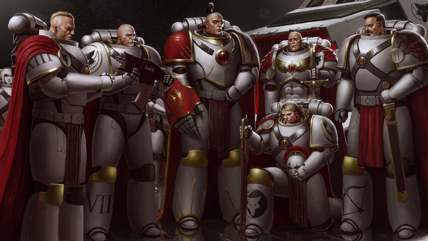 6+boys adeptus_astartes arhpriest armor arrow_(symbol) bald blonde_hair bolter chainsword cloak eyes_of_horus_(warhammer_40k) ezekyle_abaddon facial_hair full_armor garviel_loken helmet highres holding holding_helmet holding_sword holding_weapon horus_aximand kneeling luna_wolves male_focus military_vehicle mournival multiple_boys mustache ornate_armor power_armor red_cloak reflective_floor roman_numeral shoulder_armor sword tarik_torgaddon warhammer_40k weapon white_armor wing_ornament