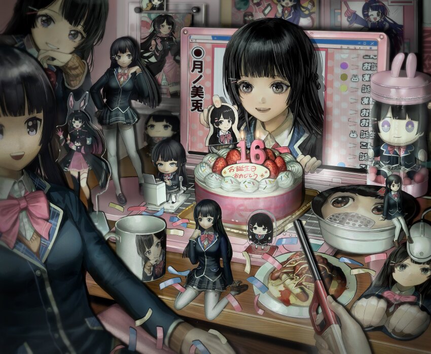 1girl absurdres birthday black_hair bow bowtie cake character_doll computer computer_mouse confetti cup figure food grey_eyes highres ikuta41 jacket laptop long_hair looking_at_viewer multiple_views nijisanji official_alternate_costume school_uniform skirt smile surreal table thighhighs through_medium through_screen tsukino_mito tsukino_mito_(1st_costume) wand_lighter white_thighhighs zettai_ryouiki