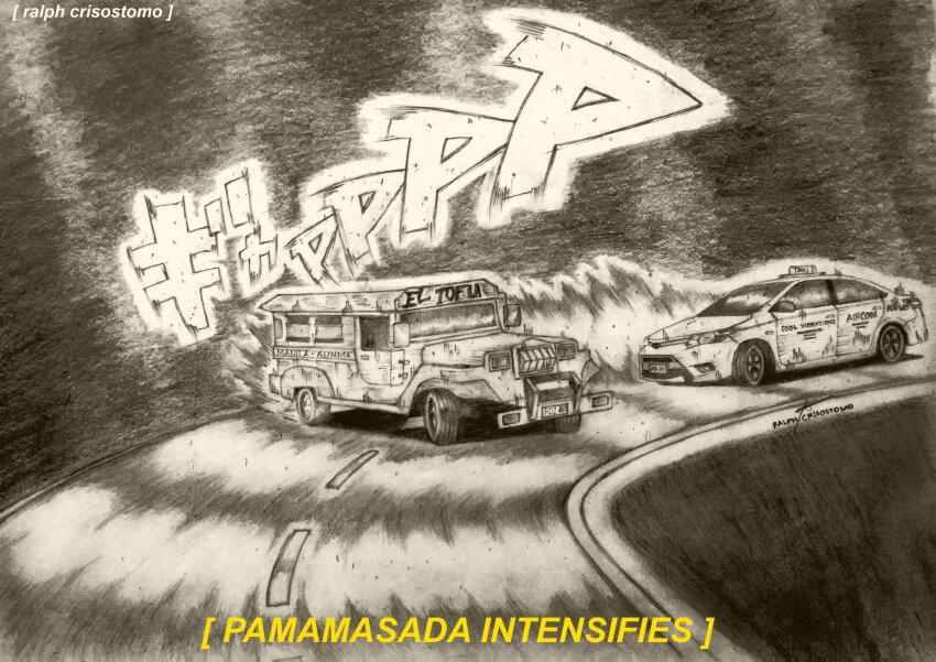 artist_name bad_id bad_twitter_id drifting filipino_text highres jeepney monochrome multi-lane_road original puto_trash road sepia signature subtitled taxi translated