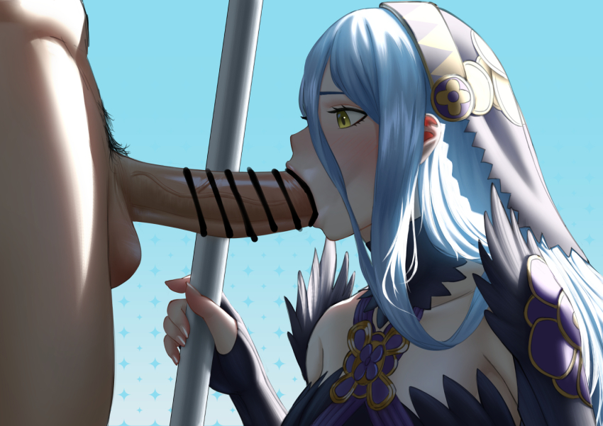 1boy 1girl azura_(fire_emblem) azura_(lady_of_ballads)_(fire_emblem) bar_censor blue_hair censored erection fellatio fingerless_gloves fire_emblem gloves headdress hetero jornyhail mosaic_censoring nintendo open_mouth oral penis pubic_hair staff veins veiny_penis yellow_eyes