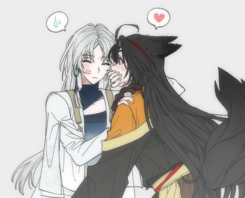 2girls animal_ears black_hair black_robe blush closed_eyes closed_mouth covering_another&#039;s_mouth du_ruo_(path_to_nowhere) grey_background hand_on_another&#039;s_shoulder heart lipstick_mark lipstick_mark_on_face lipstick_mark_on_neck long_hair looking_at_another multiple_girls nyanghae167554 orange_shirt path_to_nowhere robe shirt simple_background spoken_heart spoken_object tail white_hair white_robe wolf_ears wolf_tail yao_(path_to_nowhere) yuri
