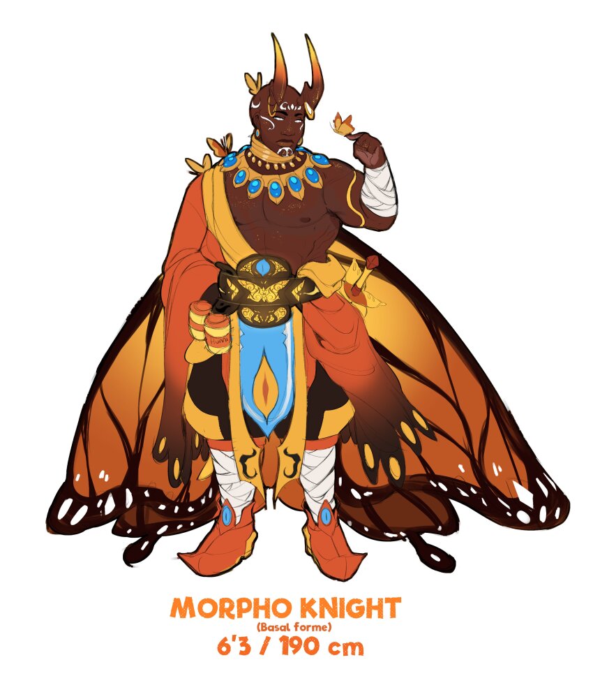 1boy absurdres arthropod_boy bald bandaged_leg bandages bara bare_pectorals beetle_boy beetle_horn bug butterfly butterfly_on_hand dark-skinned_male dark_skin facial_mark full_body gold hadanugi_dousa highres horns insect japanese_clothes jewelry kimono kirby_(series) large_pectorals lios long_horns looking_at_viewer male_focus monster_boy muscular muscular_male necklace nintendo nipples open_clothes open_kimono original pectorals pelvic_curtain saturn/eden_(saturnsorblt) solo stats thick_eyebrows white_eyes