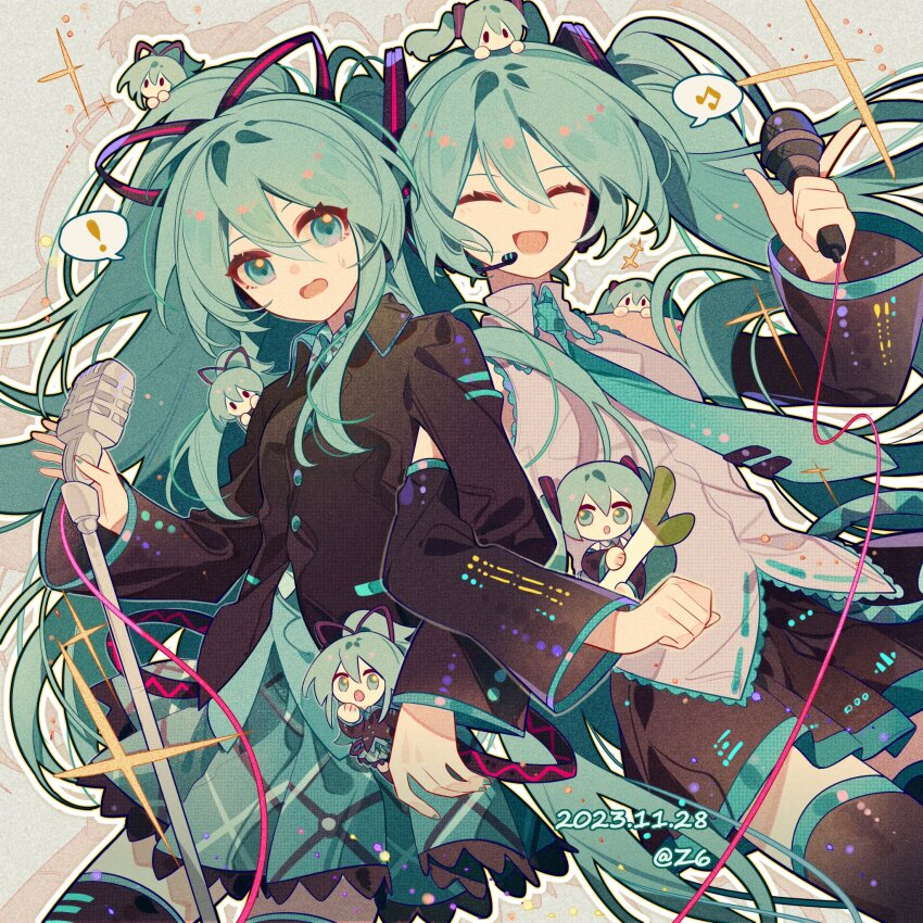 ! 2girls ^_^ amt_hardballer_longslide aqua_hair aqua_necktie bare_shoulders black_ribbon black_shirt black_skirt black_sleeves black_thighhighs blue_skirt blue_undershirt buttons cable chibi chibi_inset chibi_on_head clenched_hand closed_eyes collared_shirt commentary dated detached_sleeves dual_persona eyelashes food frilled_skirt frills grey_background grey_shirt hair_between_eyes hair_ornament hair_ribbon hashtag-only_commentary hatsune_miku hatsune_miku_(if) headpiece highres holding holding_food holding_microphone holding_microphone_stand holding_vegetable lace lace-trimmed_collar lace-trimmed_shirt lace_trim locked_arms long_hair long_sleeves microphone microphone_stand miniskirt multiple_girls musical_note necktie on_head open_mouth outline oversized_food oversized_object plaid_clothes plaid_skirt pleated_skirt pocket ponytail ribbon ribbon-trimmed_shirt ribbon_trim shirt simple_background skirt sleeveless sleeveless_shirt smile sparkle spoken_exclamation_mark spoken_musical_note spring_onion sweatdrop thighhighs tie_clip twintails twitter_username vegetable very_long_hair vocaloid white_outline wide_sleeves z6 zettai_ryouiki