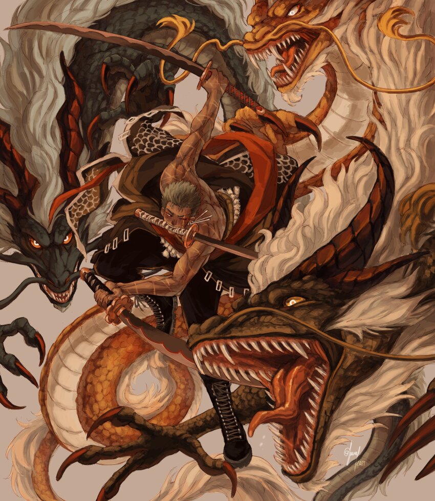 1boy absurdres claws dragon earrings eastern_dragon floating full_body green_hair haramaki highres holding holding_sword holding_weapon horns jewelry lunaisanartist male_focus mouth_hold multiple_scars one_eye_closed one_piece roronoa_zoro scales scar scar_across_eye scar_on_arm scar_on_face scars_all_over short_hair sideburns single_earring solo sword too_many topless_male triple_wielding weapon
