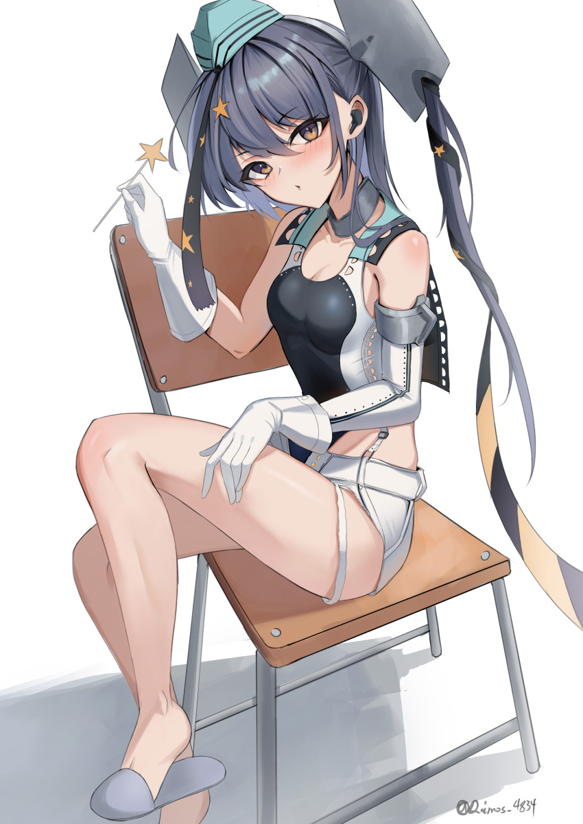 1girl absurdres aqua_hat black_one-piece_swimsuit black_ribbon breasts candy commentary competition_swimsuit dimos_(dawn_1945) food garrison_cap gloves grey_hair hair_ornament hair_ribbon hat headgear highleg highleg_one-piece_swimsuit highres holding holding_candy holding_food kantai_collection lollipop long_hair looking_at_viewer micro_shorts on_chair one-piece_swimsuit ribbon scamp_(kancolle) shorts side_ponytail sitting slippers small_breasts solo star_(symbol) star_hair_ornament swimsuit two-tone_one-piece_swimsuit white_background white_gloves white_shorts