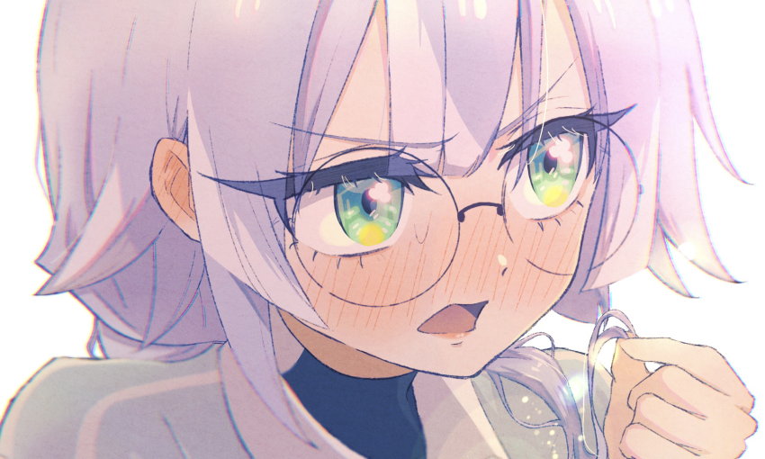 1girl blunt_bangs blush close-up ear_blush glasses green_eyes hifumi_suu highres holding holding_own_hair kimi_no_koto_ga_dai_dai_dai_dai_daisuki_na_100-nin_no_kanojo kwi lips long_eyelashes long_hair open_mouth purple_hair round_eyewear shirt solo turtleneck turtleneck_shirt