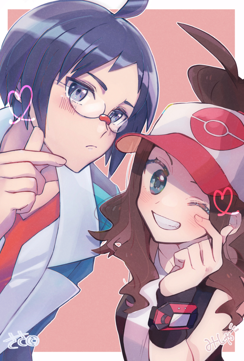 1boy 1girl ahoge baseball_cap black_hair black_vest blue_jacket blush brown_hair cheren_(pokemon) closed_mouth finger_heart frown glasses grey_eyes grin hat heart highres hilda_(pokemon) jacket long_hair misha_(ohds101) nintendo one_eye_closed open_clothes open_jacket pokemon pokemon_bw shirt short_hair sidelocks sleeveless sleeveless_shirt smile teeth vest white_shirt