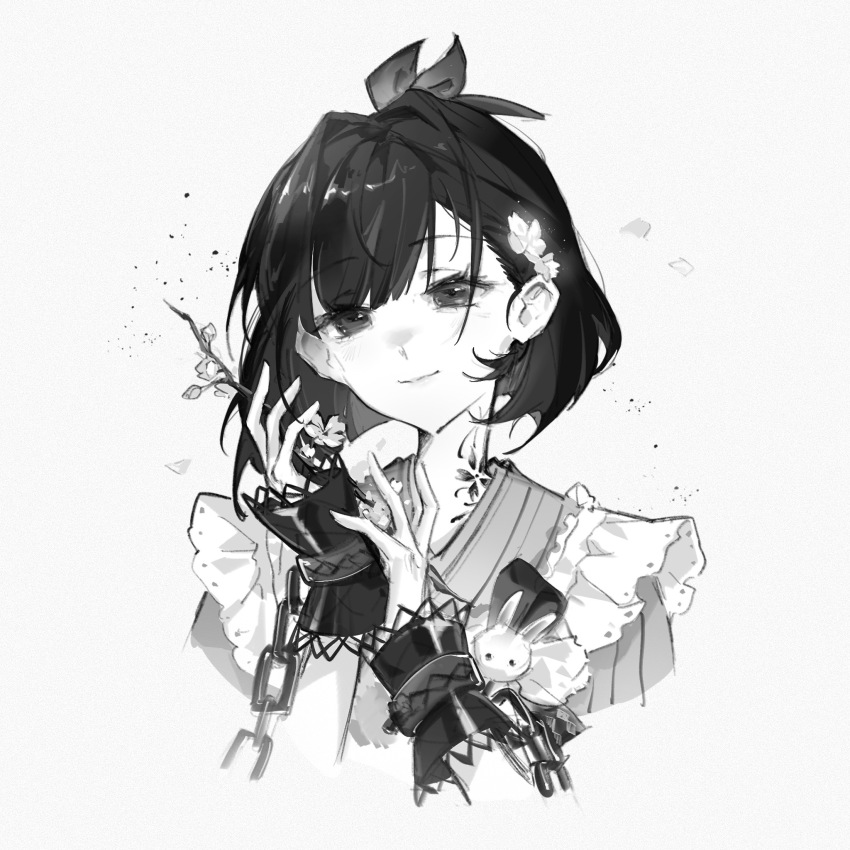 1girl apron bob_cut bow branch chain cherry_blossoms cropped_torso cuffs flower flower_tattoo frilled_apron frills greyscale hair_bow hair_flower hair_ornament hands_up highres holding holding_branch japanese_clothes kimono looking_at_viewer monochrome neck_tattoo rabbit_ornament reverse:1999 satsuki_(reverse:1999) short_hair smile solo striped_clothes striped_kimono tattoo upper_body vertical-striped_clothes vertical-striped_kimono white_background yi_ke_caitou_suan