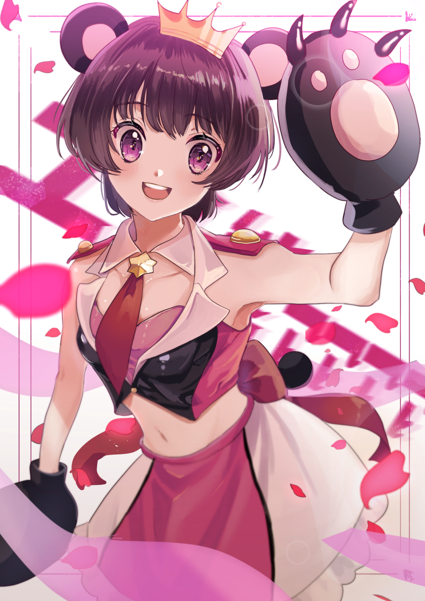 1girl :d absurdres animal_ears animal_hands back_bow bear_ears bear_girl bear_paws black_jacket blush bow breasts brown_hair collarbone cowboy_shot cropped_jacket cropped_shirt crown gloves gold_crown hand_up highres huwarinn99 jacket looking_at_viewer midriff navel open_mouth paw_gloves pink_eyes pink_shirt pink_skirt red_bow shirt short_hair skirt sleeveless sleeveless_jacket small_breasts smile solo standing strapless strapless_shirt two-tone_skirt white_skirt yuri_kuma_arashi yurishiro_ginko