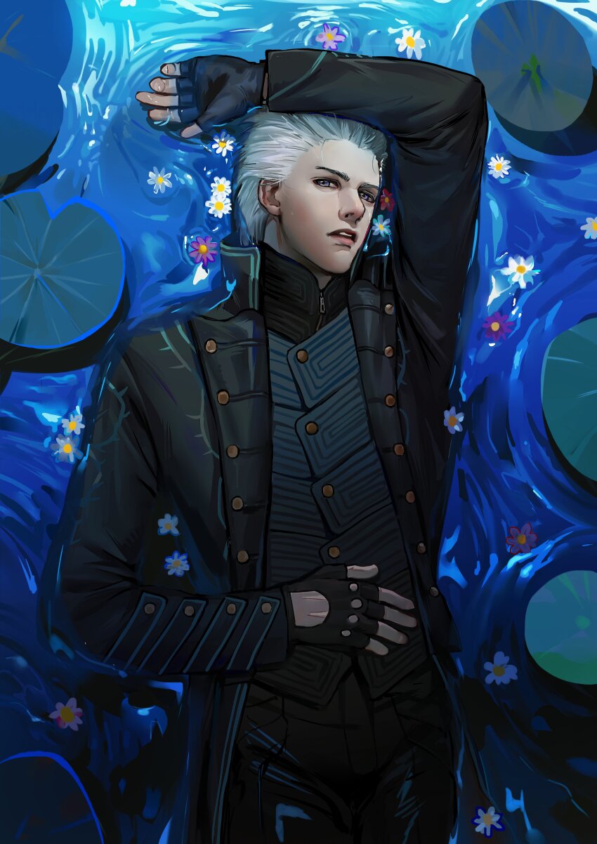 absurdres arksia arm_above_head arm_across_waist arm_up black_coat black_gloves black_shirt blue_eyes blue_vest buttons coat cowboy_shot devil_may_cry_(series) fingerless_gloves floating flower glove_cutout gloves hair_slicked_back highres lapels layered_clothes lily_pad long_sleeves looking_at_viewer lying on_back parted_lips purple_flower ripples shirt teeth vergil_(devil_may_cry) vest white_flower white_hair zipper zipper_pull_tab