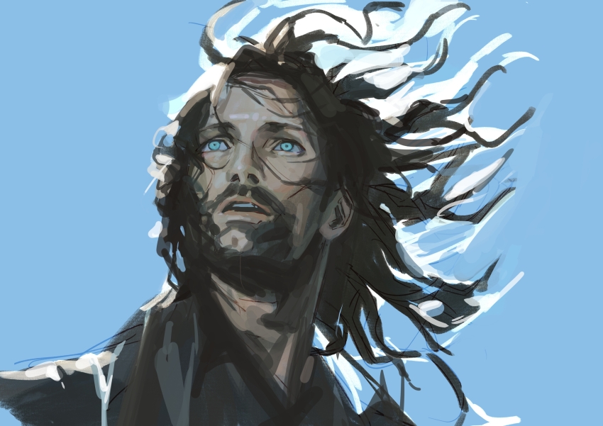 1boy absurdres aragorn beard black_shirt blue_background brown_hair facial_hair flat4444 floating_hair highres long_hair looking_ahead looking_up male_focus parted_lips shirt sideburns simple_background sketch solo teeth the_lord_of_the_rings tolkien&#039;s_legendarium upper_body upper_teeth_only