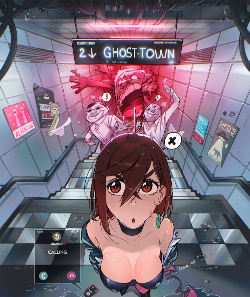 2boys 2girls alien ayase_momo banana bare_shoulders black_choker black_leotard breasts brown_eyes brown_hair calling cellphone cesar_art456 choker cleavage collarbone collared_shirt colored_skin commentary_request cosplay dandadan darkstalkers earrings food from_above fruit ghost hair_between_eyes highres incoming_call indoors jewelry large_breasts leotard looking_up medium_hair morrigan_aensland morrigan_aensland_(cosplay) multiple_boys multiple_girls pantyhose phone poster_(object) purple_pantyhose red_skin running serpo_(dandadan) shirt spanish_commentary spoken_x stairs standing straight-on strapless subway_station sweat thick_eyebrows turbo_granny_(dandandan) ufo wet white_shirt