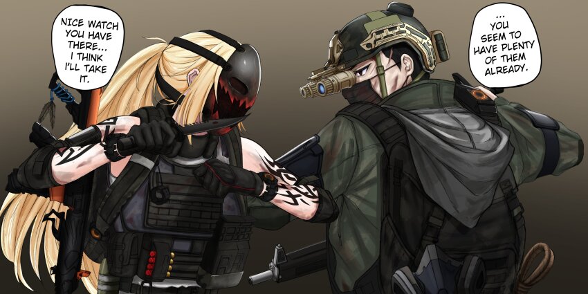 1boy 1girl aa-12 absurdres ammunition arm_tattoo assault_rifle automatic_shotgun backpack bag battle black_gloves black_hair blonde_hair blood blood_on_clothes blood_on_face bulletproof_vest combat_helmet combat_shotgun commentary commission elbow_pads english_commentary english_text foregrip gas_mask gloves green_eyes gun hands_up helmet highres holding holding_knife hood hood_down hooded_jacket jacket knife long_hair looking_at_another m4_carbine magazine_(weapon) mask matsu_arts mouth_mask night_vision_device original ponytail red_eyes rifle scar shirt short_hair shotgun shotgun_shell speech_bubble tattoo tom_clancy&#039;s_the_division upper_body watch weapon white_shirt wristwatch