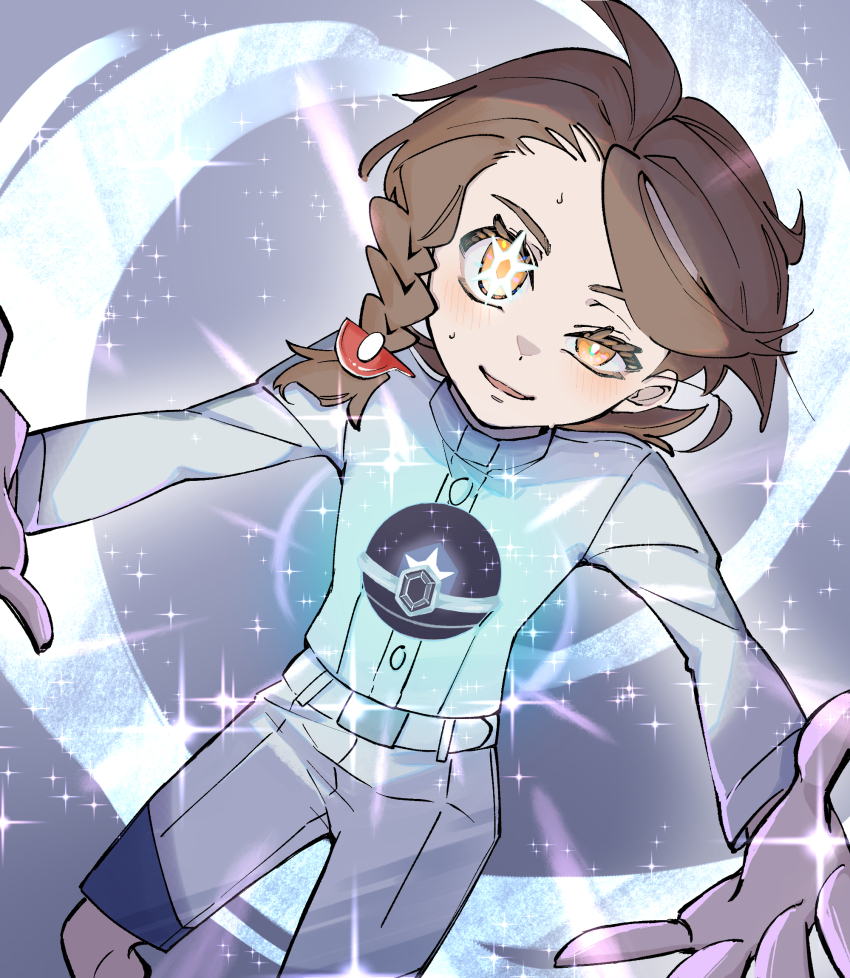 1girl belt blueberry_academy_school_uniform blush braid brown_eyes brown_hair buttons floating floating_object hair_ornament hairclip hama_bebi highres juliana_(pokemon) long_sleeves nintendo orange_eyes outstretched_arms outstretched_hand parted_lips poke_ball poke_ball_hair_ornament pokemon pokemon_sv school_uniform shirt shorts side_braid single_braid smile solo sparkle sparkling_eyes squinting sweat sweatdrop tera_orb terastallization white_belt white_gakuran white_shirt white_shorts