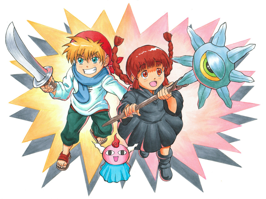 :d bandana black_footwear black_robe black_robes blonde_hair blue_eyes blue_scarf braid brown_eyes brown_hair colored_pencil_(medium) gipple green_pants highres holding holding_staff holding_sword holding_weapon kukuri_(mahoujin_guruguru) mahoujin_guruguru marker_(medium) nike_(mahoujin_guruguru) open_mouth pants robe sandals scarf sidelocks smile spiked_hair staff standing sword traditional_media twin_braids weapon
