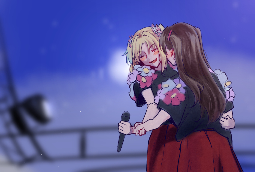 2girls 4th_live_dream_~bloom_the_dream_believers~ :d black_shirt blonde_hair blue_flower blurry blurry_background blush brown_hair brown_skirt closed_eyes commentary cowboy_shot dancing ear_blush fang flower fujishima_megumi grabbing_another&#039;s_arm hair_flower hair_intakes hair_ornament hasu_no_sora_school_uniform highres holding holding_microphone link!_like!_love_live! long_hair love_live! microphone mira-cra_park! multiple_girls open_mouth osawa_rurino parted_bangs pink_flower purple_flower risai school_uniform shirt shirt_flower short_sleeves skirt smile stage symbol-only_commentary t-shirt twintails two_side_up u_u v-shaped_eyebrows virtual_youtuber winter_uniform yuri