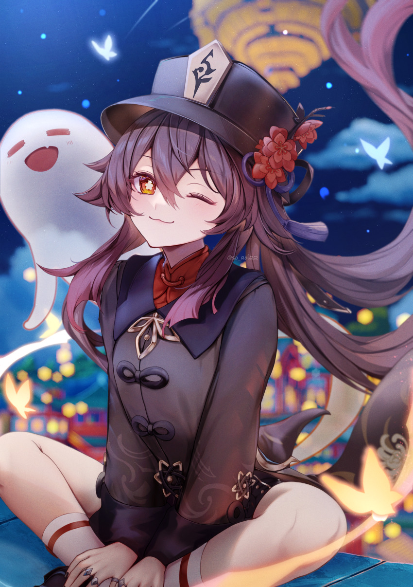 1girl ;3 absurdres asahi_(vjss4548) black_hat black_shorts blurry boo_tao_(genshin_impact) breasts brown_coat bug butterfly closed_mouth coat depth_of_field feet_out_of_frame floating_hair flower genshin_impact hair_between_eyes hair_flaps hat hat_flower highres hu_tao_(genshin_impact) indian_style insect jewelry long_hair long_sleeves looking_at_viewer mandarin_collar medium_breasts multiple_rings one_eye_closed porkpie_hat red_eyes red_flower red_shirt ring shirt short_shorts shorts sidelocks sitting smile socks solo thighs twintails very_long_hair white_socks