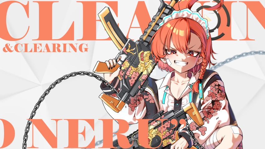 1girl ahoge bandaged_leg bandages bandaid bandaid_on_face bandaid_on_knee bandaid_on_leg black_halo blue_archive braid center_frills clenched_teeth commentary commission english_commentary english_text frills grin gun halo highres holding holding_weapon huge_ahoge jacket kghazir long_sleeves looking_at_viewer looking_back mole mole_under_each_eye mole_under_eye multiple_moles neru_(blue_archive) orange_hair over_shoulder print_jacket red_eyes short_hair sig_mpx single_braid smile solo squatting submachine_gun sukajan teeth trigger_discipline upper_body v-shaped_eyebrows weapon weapon_over_shoulder zenless_zone_zero
