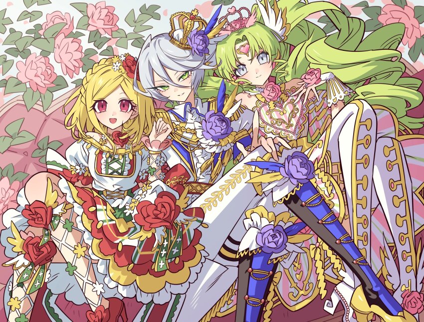 3girls :d bare_shoulders blonde_hair braid closed_mouth colored_eyelashes couch crown crown_braid dress drill_hair falulu falulu_(awakened) flower forehead_jewel frilled_dress frills green_eyes green_hair grey_eyes grey_hair hair_between_eyes hair_ornament headphones highres idol_clothes knees_up long_hair long_sleeves looking_at_viewer meremero midorikaze_fuwari multiple_girls on_couch open_mouth pants parted_bangs pink_flower pink_rose pretty_series pripara purple_flower purple_rose red_eyes red_flower red_rose rose shikyoin_hibiki short_hair sidelocks sitting smile twin_drills twintails very_long_hair white_footwear white_pants wing_hair_ornament