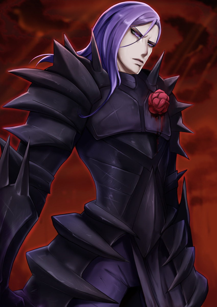 1boy absurdres armor black_armor dark_knight fire_emblem fire_emblem:_three_houses flower highres lorenz_hellman_gloucester lorenz_hellman_gloucester_(timeskip) mothman1930 nintendo non-web_source purple_eyes purple_hair red_flower red_rose red_sky rose self-upload sky solo