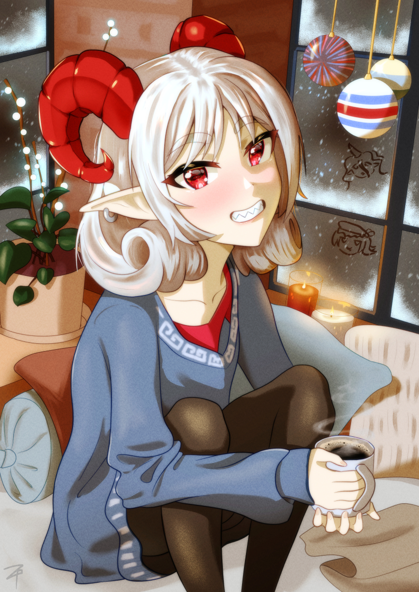 1girl absurdres alternate_costume blue_shirt christmas_ornaments coffee coffee_mug cup earrings fchv4342 highres horns jewelry mug plant pointy_ears potted_plant red_eyes sharp_teeth sheep_girl sheep_horns shirt short_hair smile snow snowing solo sunken_fossil_world teeth touhou toutetsu_yuuma winter