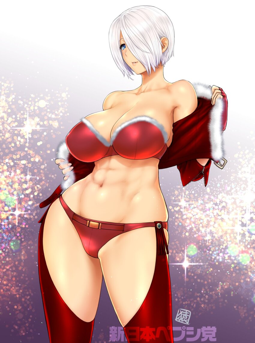1girl abs angel_(kof) backless_pants blue_eyes bra breasts chaps cleavage crop_top cropped_jacket fingerless_gloves gloves hair_over_one_eye highres jacket large_breasts leather leather_jacket looking_at_viewer midriff muscular muscular_female navel panties pants short_hair smile snk solo solo_focus st.germain-sal strapless strapless_bra the_king_of_fighters the_king_of_fighters_xiv toned toned_female underwear white_hair