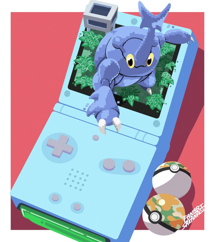 absurdres artist_name border game_boy_advance_sp gen_2_pokemon handheld_game_console heracross highres leaf nintendo no_humans outside_border poke_ball pokemon pokemon_(creature) red_background safari_ball sakanagi_(a_r_co) solo white_border
