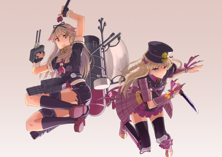 10s 1boy 1girl armor ascot bad_id bad_pixiv_id black_socks blonde_hair blue_eyes bow braid crossover dress fingerless_gloves fujimo_ruru gloves grin hair_bow hat japanese_armor kantai_collection kiwame_(touken_ranbu) kneehighs kote midare_toushirou pleated_skirt red_eyes scarf school_uniform serafuku ship_turret short_sword shoulder_armor skirt smile socks sode sword tantou thighhighs touken_ranbu trap twin_braids weapon yuudachi_(kancolle)