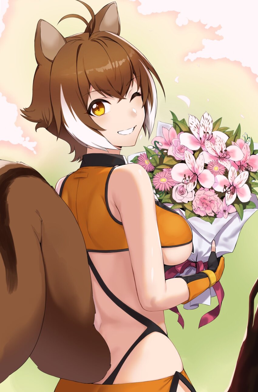 1girl animal_ears blazblue breasts brown_eyes brown_hair fingerless_gloves flower from_behind gloves highres large_breasts looking_at_viewer makoto_nanaya microskirt one_eye_closed purinnssu revealing_clothes short_hair skirt squirrel_ears squirrel_tail tail teeth thong underboob whale_tail_(clothing) white_hair wink