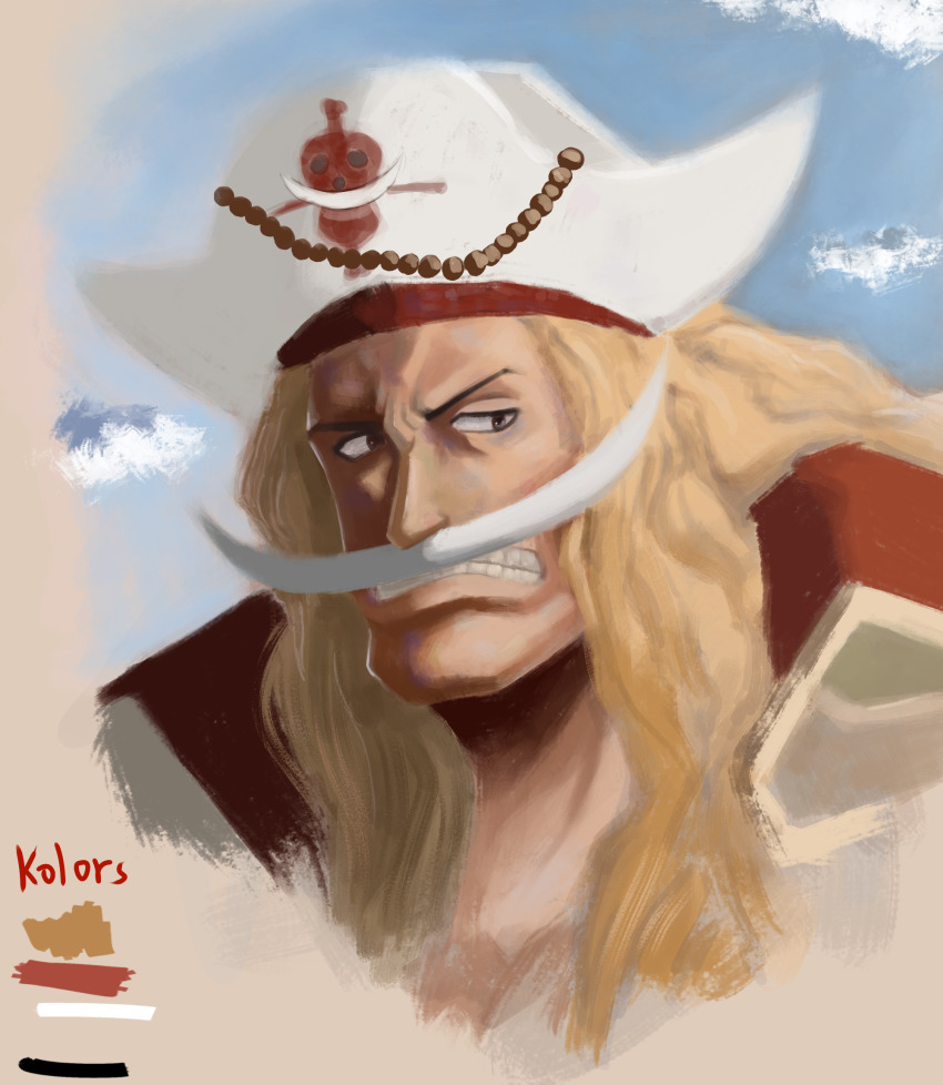 1boy art_study blonde_hair brown_eyes clenched_teeth cloud cloudy_sky commentary edward_newgate english_commentary facial_hair hat highres jaylordz15 long_hair long_mustache male_focus mustache one_piece outdoors painterly photo-referenced pirate pirate_hat portrait skull_and_crossbones sky solo teeth white_hat