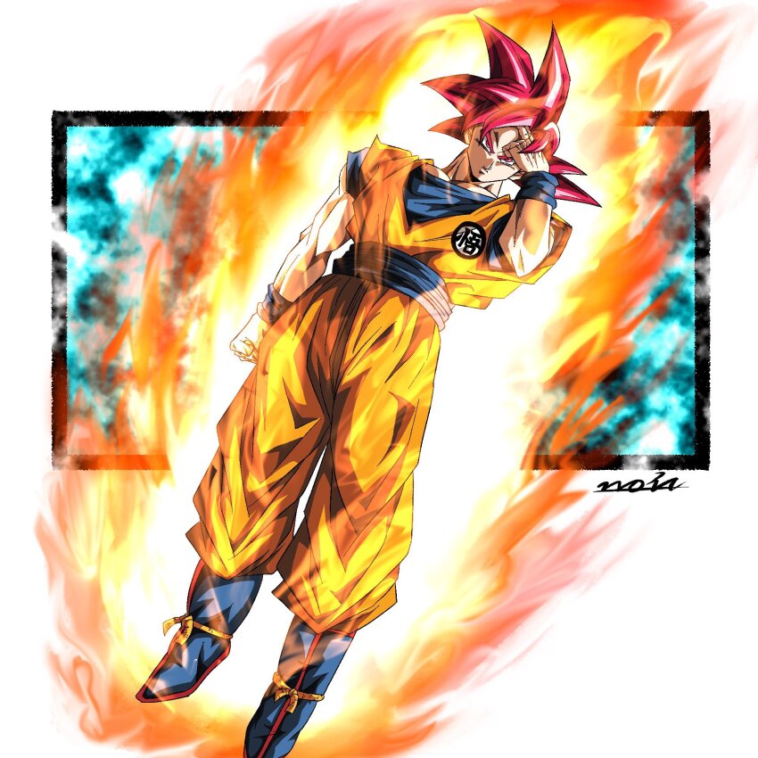 1boy aura blue_boots blue_sash blue_shirt boots dougi dragon_ball dragon_ball_super dragon_ball_z dragon_ball_z_kami_to_kami finger_on_forehead full_body highres muscular muscular_male noir_illust orange_pants orange_shirt pants red_eyes red_hair sash shirt solo super_saiyan super_saiyan_god
