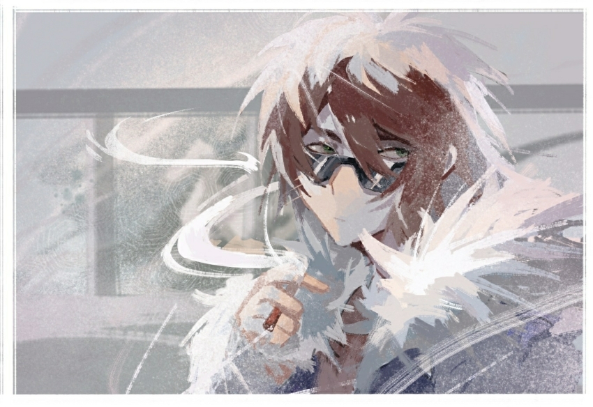1boy beiquqian blue_jacket border brown_hair brown_shirt chinese_commentary cigarette closed_mouth commentary_request fur-trimmed_jacket fur_trim green_eyes hair_between_eyes holding holding_cigarette isoi_reiji jacket male_focus open_clothes open_jacket saibou_shinkyoku shirt short_hair smoke solo sunglasses upper_body white_border