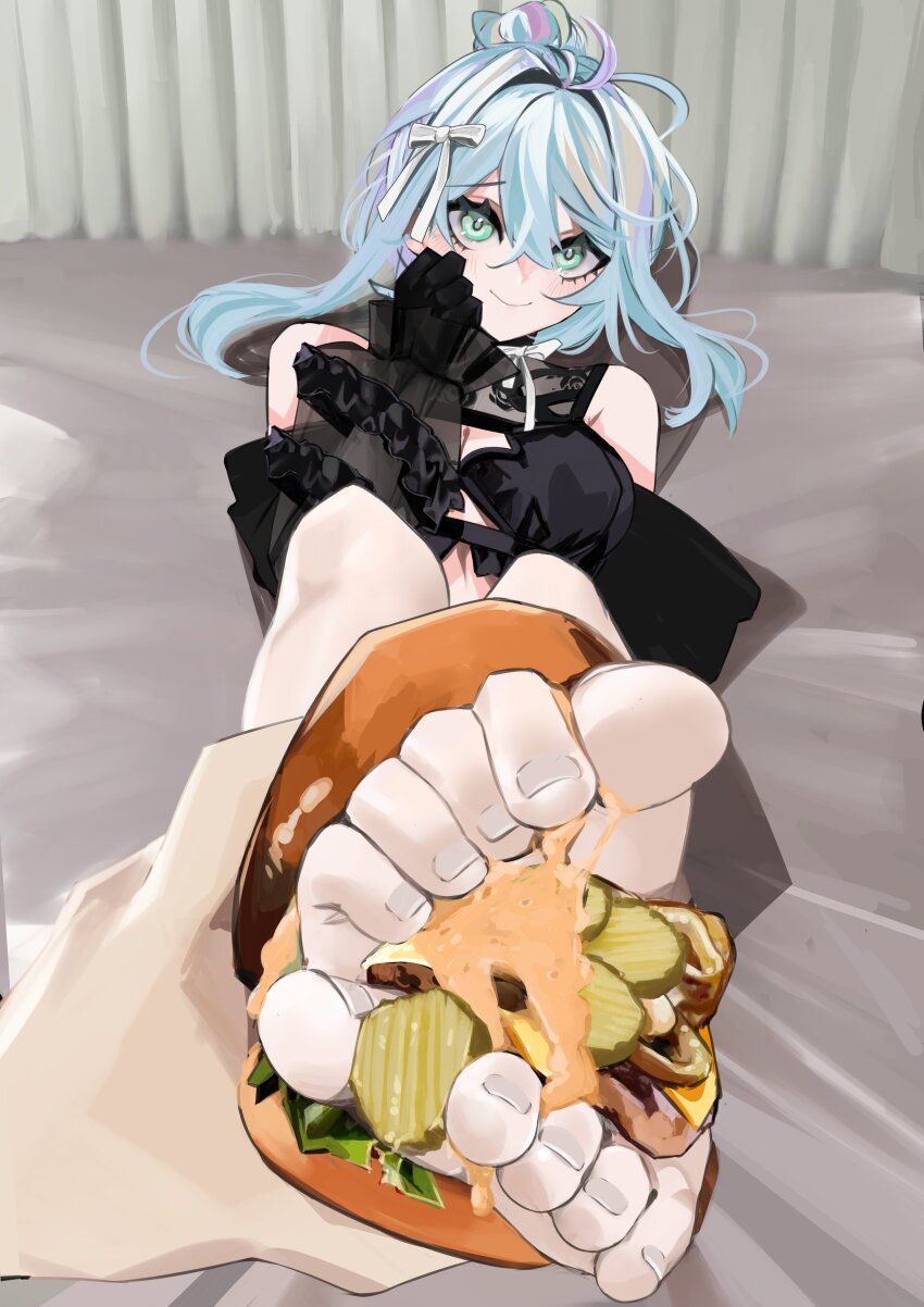 1girl absurdres ahoge armpit_crease bare_shoulders barefoot black_gloves blue_hair blush bow breasts burger commentary eyelashes feet feet_burger_(meme) feet_in_food food foot_focus foreshortening frilled_sleeves frills gloves green_eyes hair_between_eyes hair_bow highres holding indie_virtual_youtuber large_breasts looking_at_viewer meme multicolored_hair pov pupi_(rain_prophet) purple_hair sitting sketch_background smile solo_focus streaked_hair toe_scrunch toenails toes virtual_youtuber white_bow yuy_(vtuber)